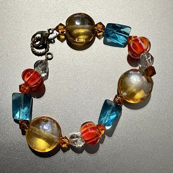 Gorgeous Blue Orange & Gold Glass Bead Bracelet - Picture 3 of 8